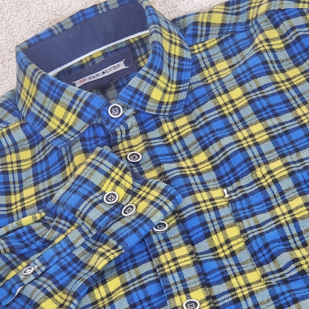 32 Bar Blues Button Down Shirt Men's Large Blue Yellow Plaid Flannel Long Sleeve